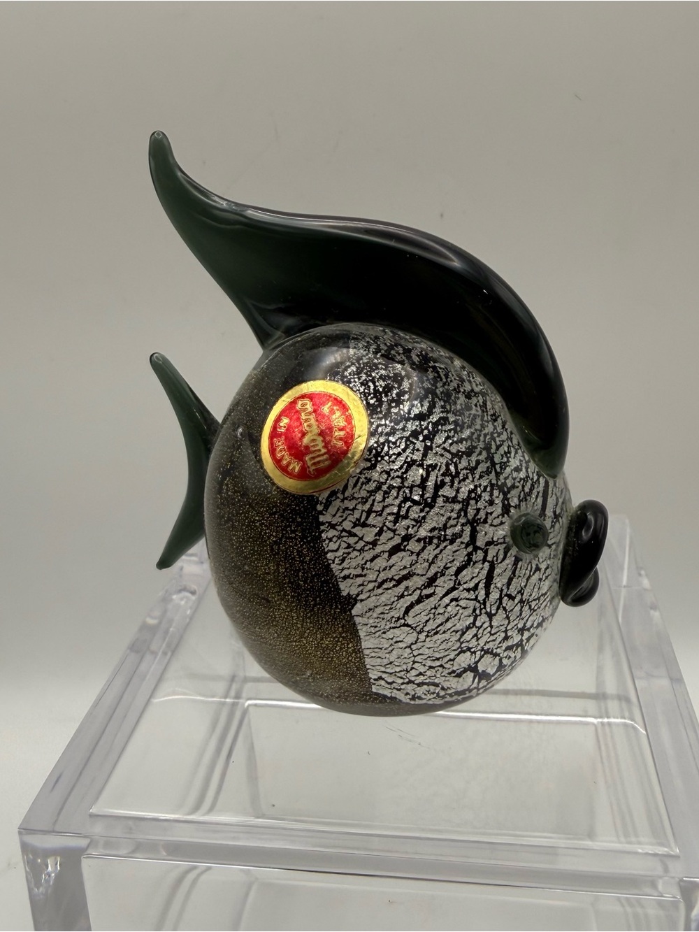 Vintage Label Murano Glass Blowfish Figurine Paperweight Black Silver/Gold Leaf